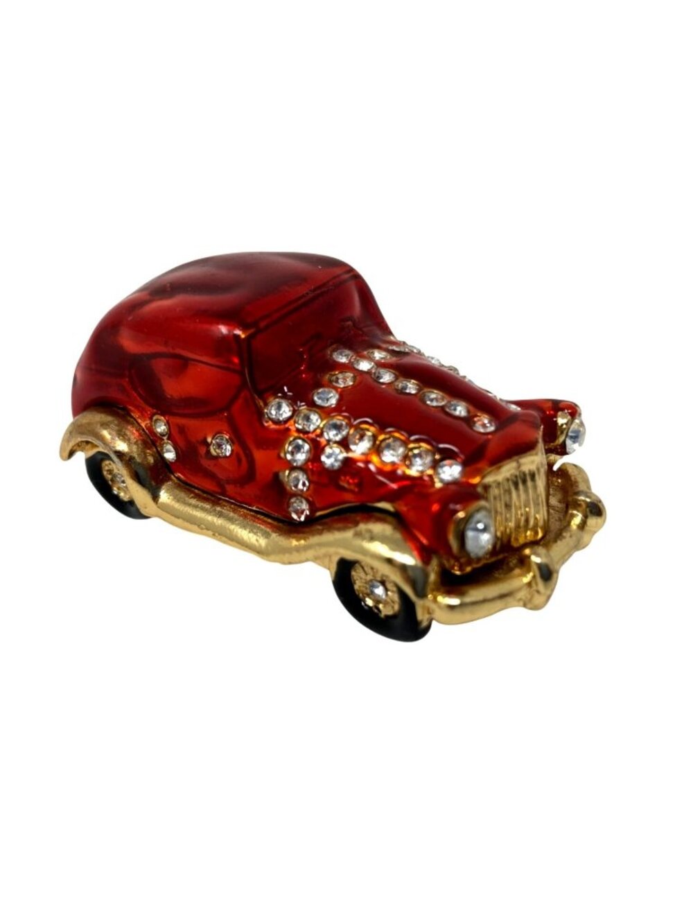 Red and Gold Enameled Jeweled Car Hinged Trinket Box